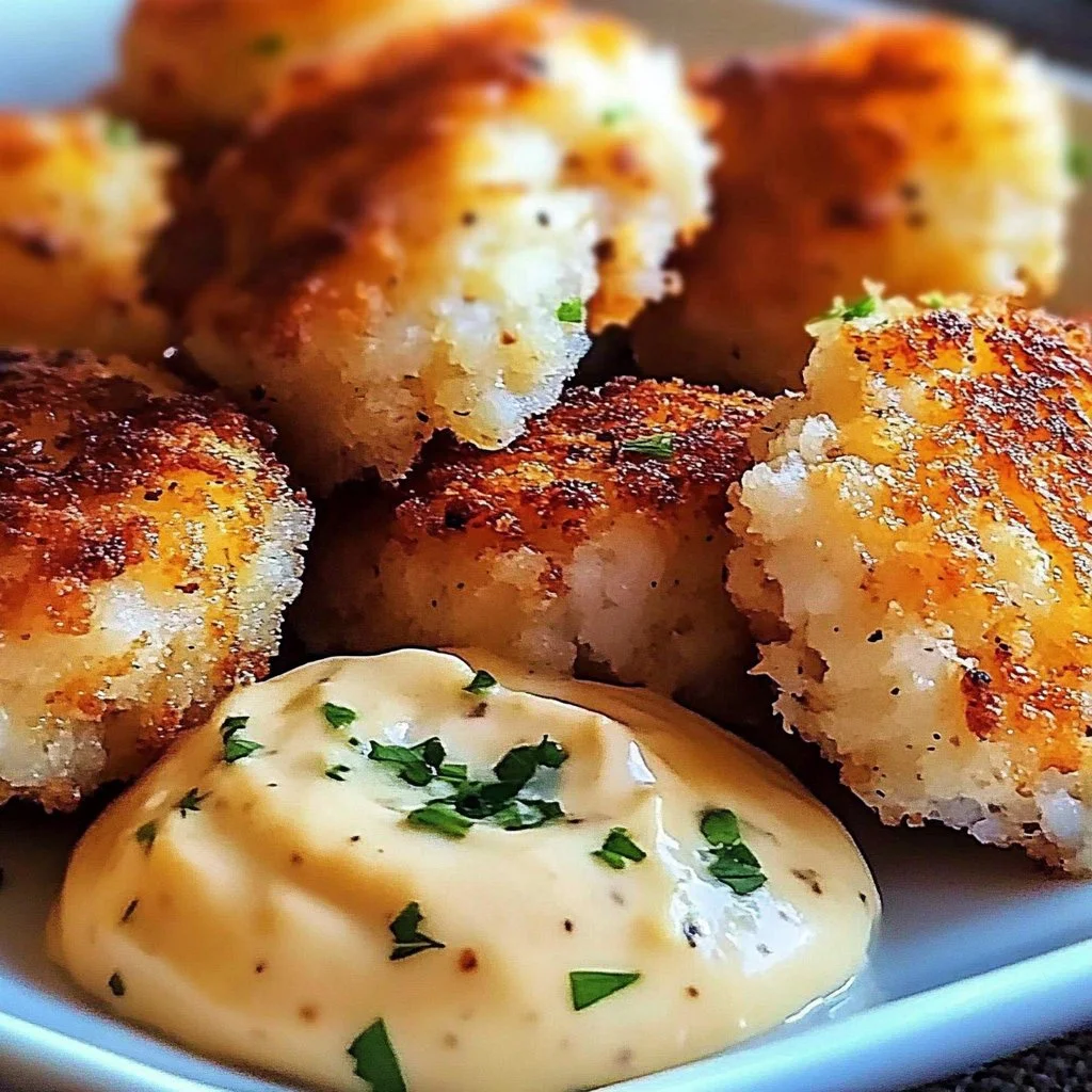Crispy shrimp cakes served with lemon aioli on a plate