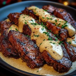 Crispy steak strips garnished with savory tartar cream served on a plate
