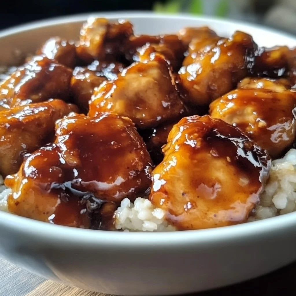 Delicious Crock Pot Bourbon Chicken served with rice and vegetables