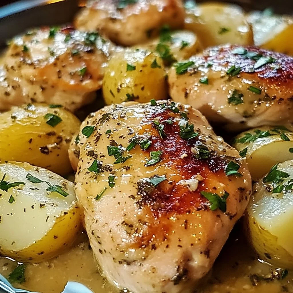 Crockpot garlic parmesan chicken with potatoes served on a plate