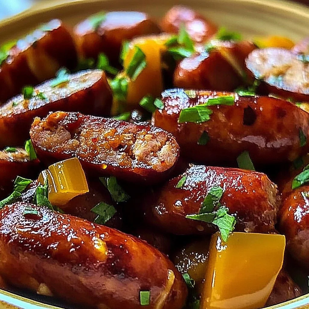 Crockpot smoked sausage dish with vegetables and spices, ready to serve.