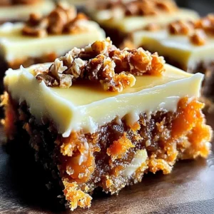 Delicious carrot cake bars with cream cheese frosting on a wooden table