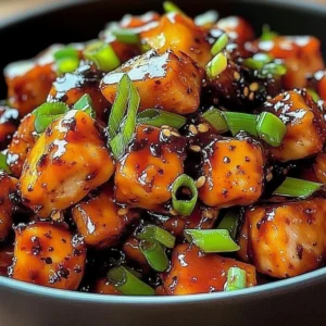 Plate of delicious dragon chicken garnished with vegetables