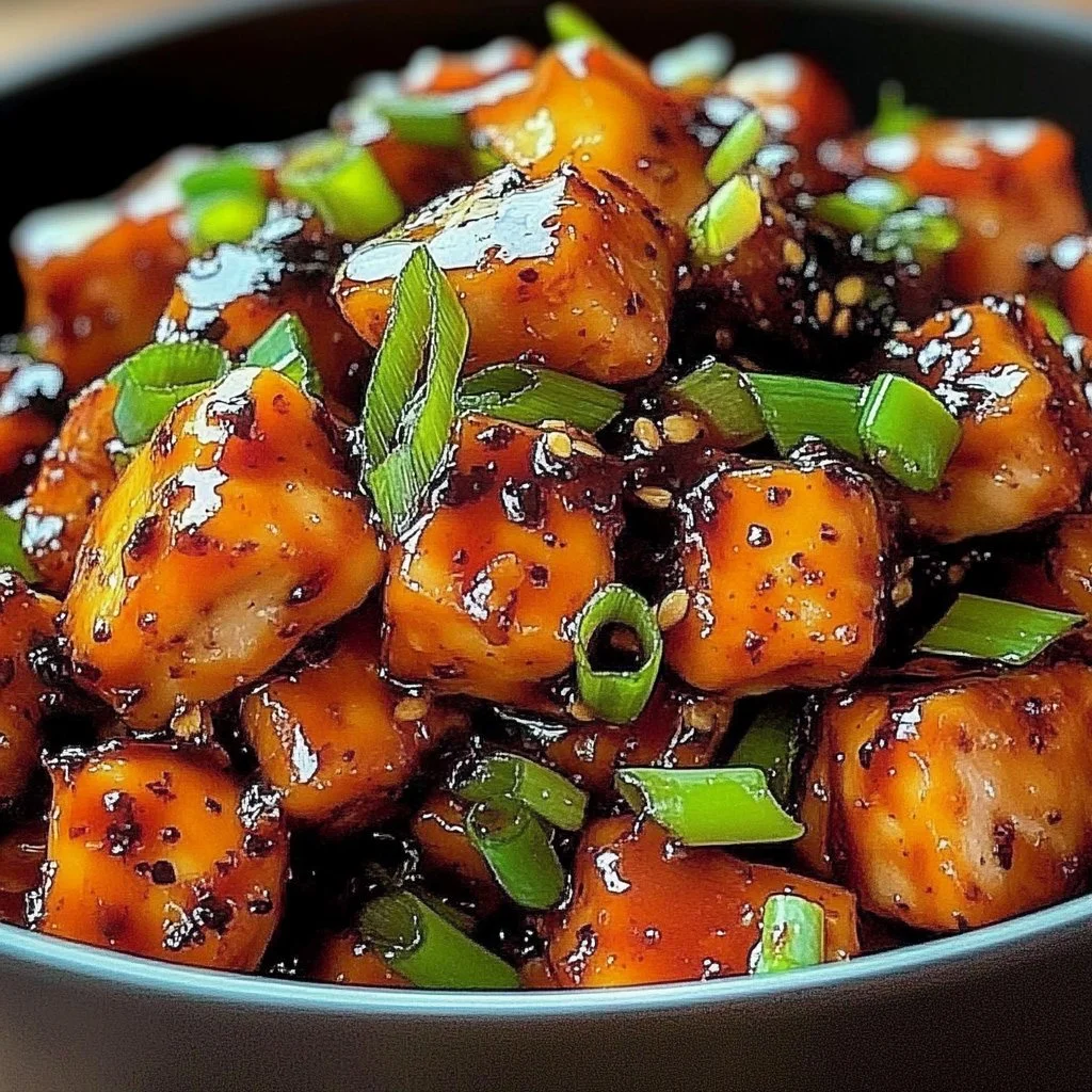 Plate of delicious dragon chicken garnished with vegetables