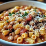 A bowl of delicious pasta and beans topped with fresh herbs, perfect for comfort food.