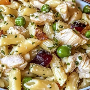 Delicious Waldorf chicken pasta salad with ingredients and vibrant colors