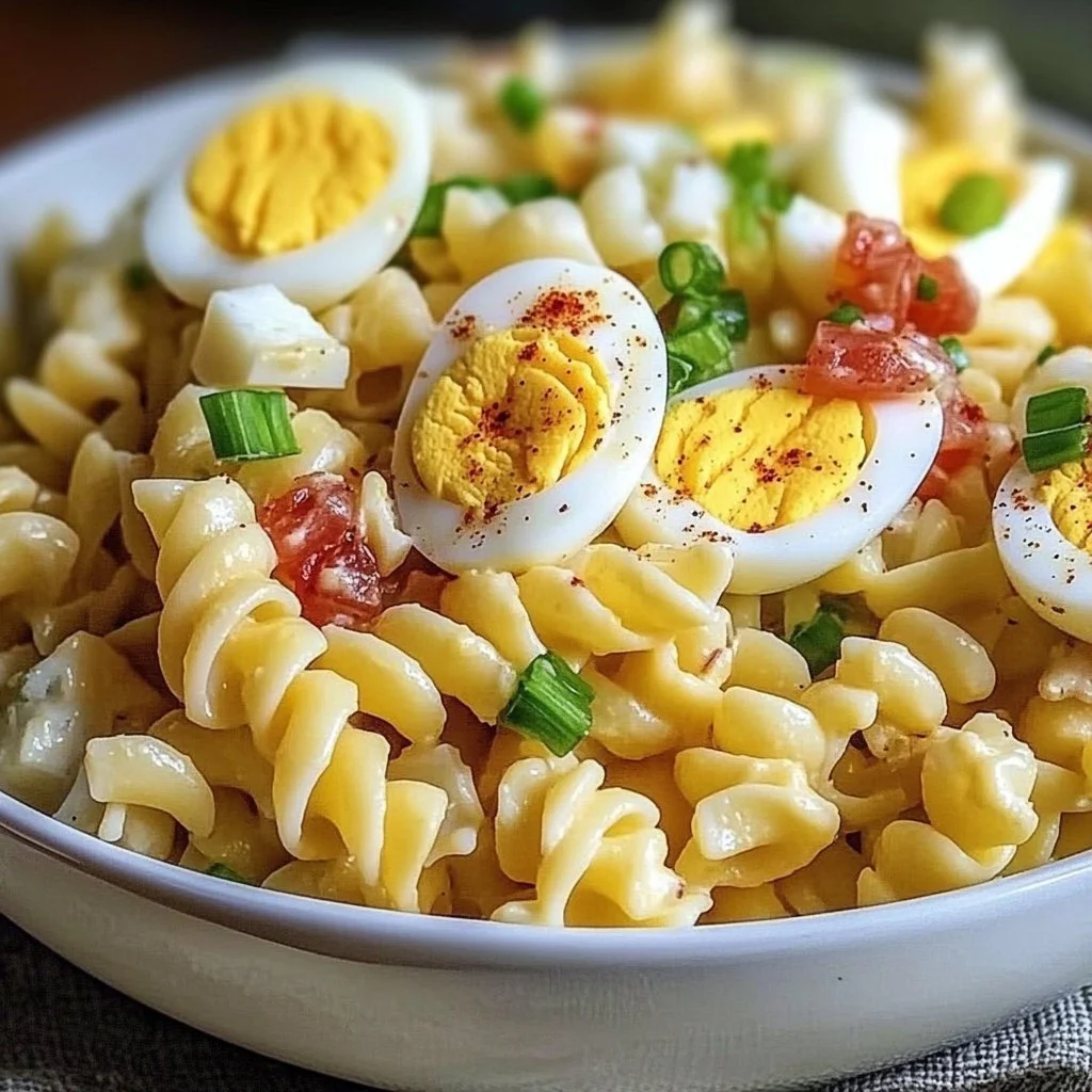 Delicious deviled egg pasta salad with vibrant ingredients and flavors.