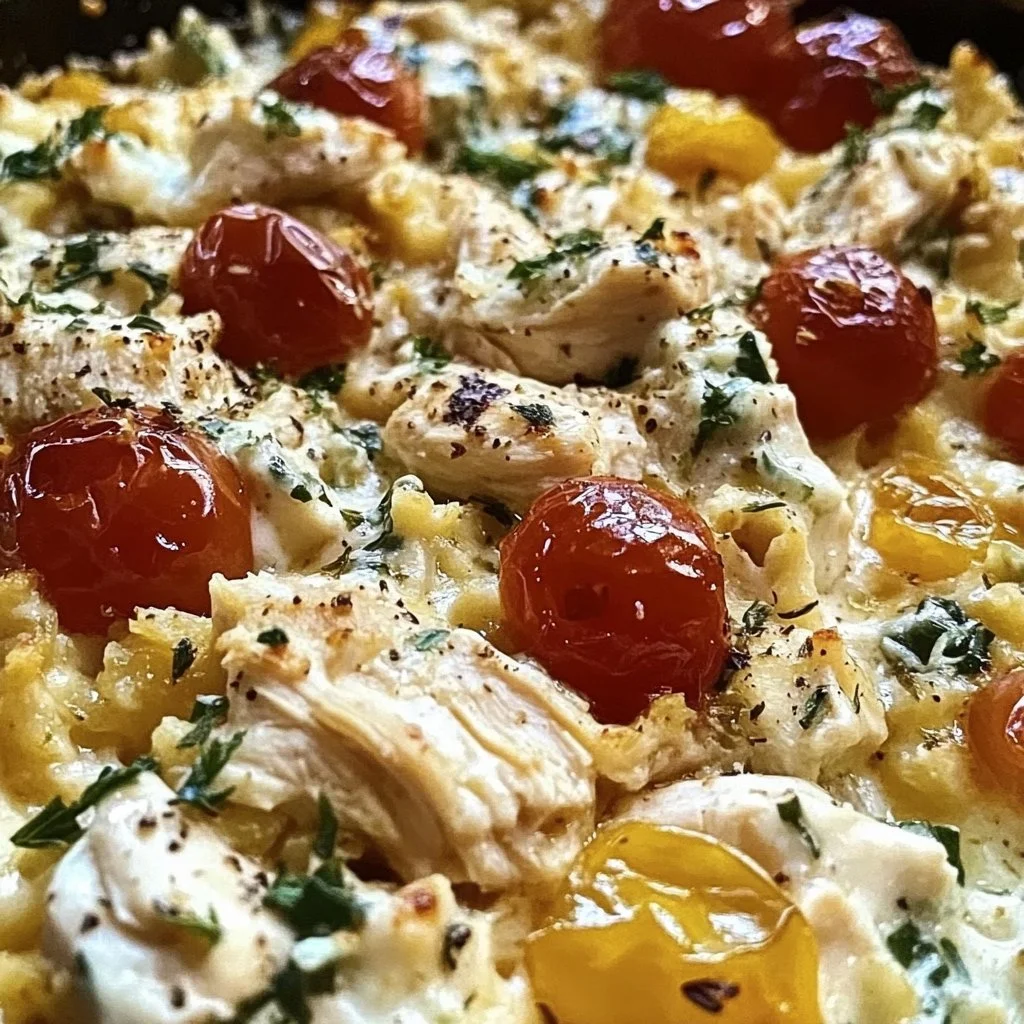 Delicious dump and bake chicken tzatziki casserole with fresh ingredients