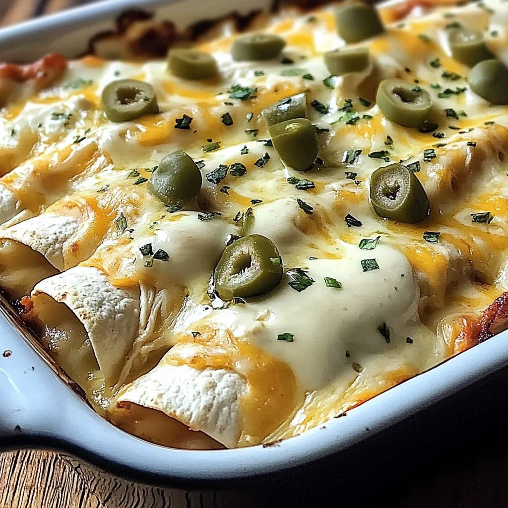 Plate of easy chicken enchiladas with creamy white sauce garnished with cilantro.