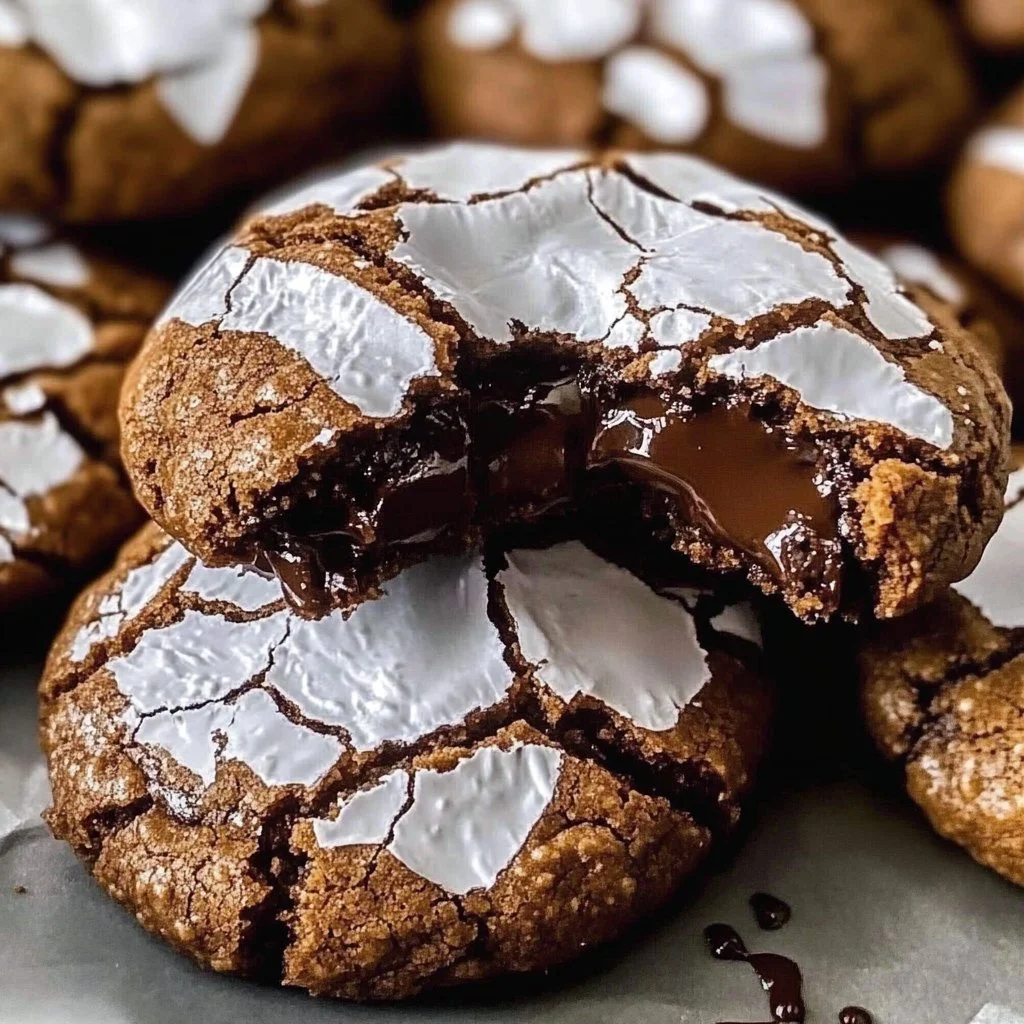 Baked easy chocolate crinkle cookies topped with powdered sugar.