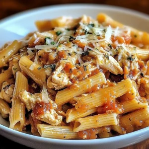 Delicious bowl of easy crockpot chicken pasta ready to serve.