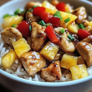 Plate of easy pineapple chicken served with rice and garnished with green onions.