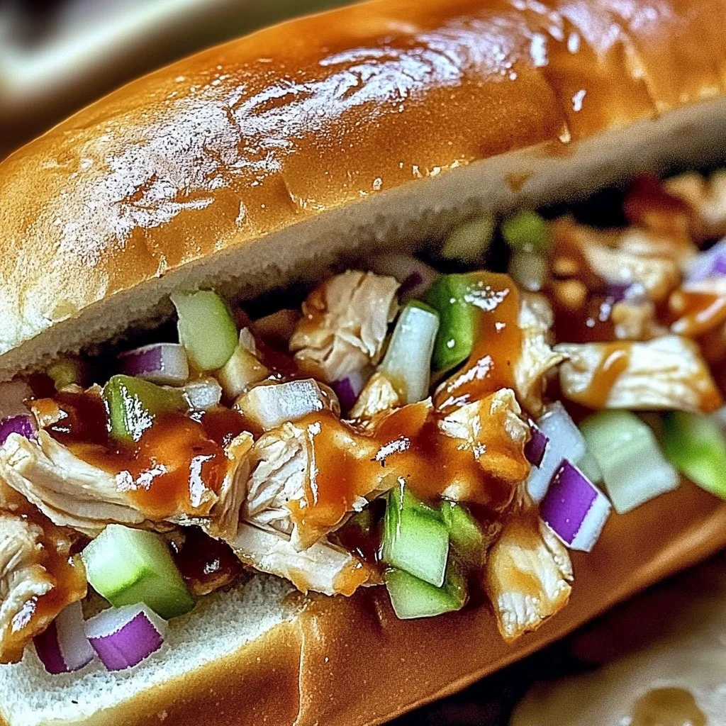 Delicious easy white BBQ chicken subs stacked with toppings.