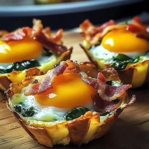 Egg bite cups filled with spinach and bacon, perfect for a nutritious breakfast.