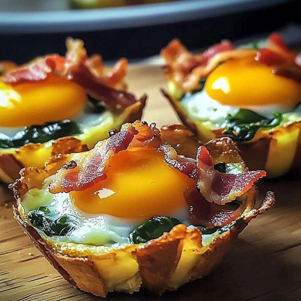 Egg bite cups filled with spinach and bacon, perfect for a nutritious breakfast.