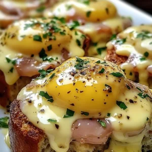 Delicious Eggs Benedict Casserole with rich Hollandaise sauce on top
