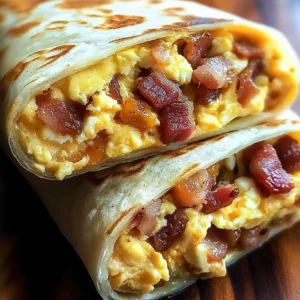 Fluffy bacon and egg breakfast burritos filled with fresh ingredients