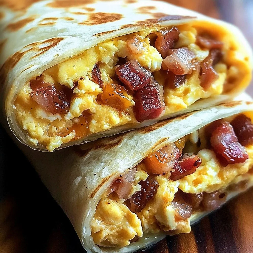 Fluffy bacon and egg breakfast burritos filled with fresh ingredients