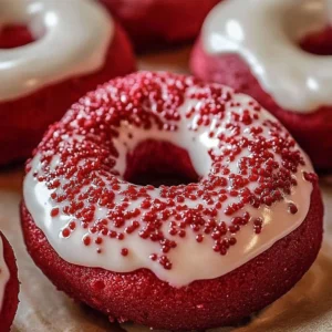 Fluffy baked red velvet donuts with cream cheese glaze on a plate