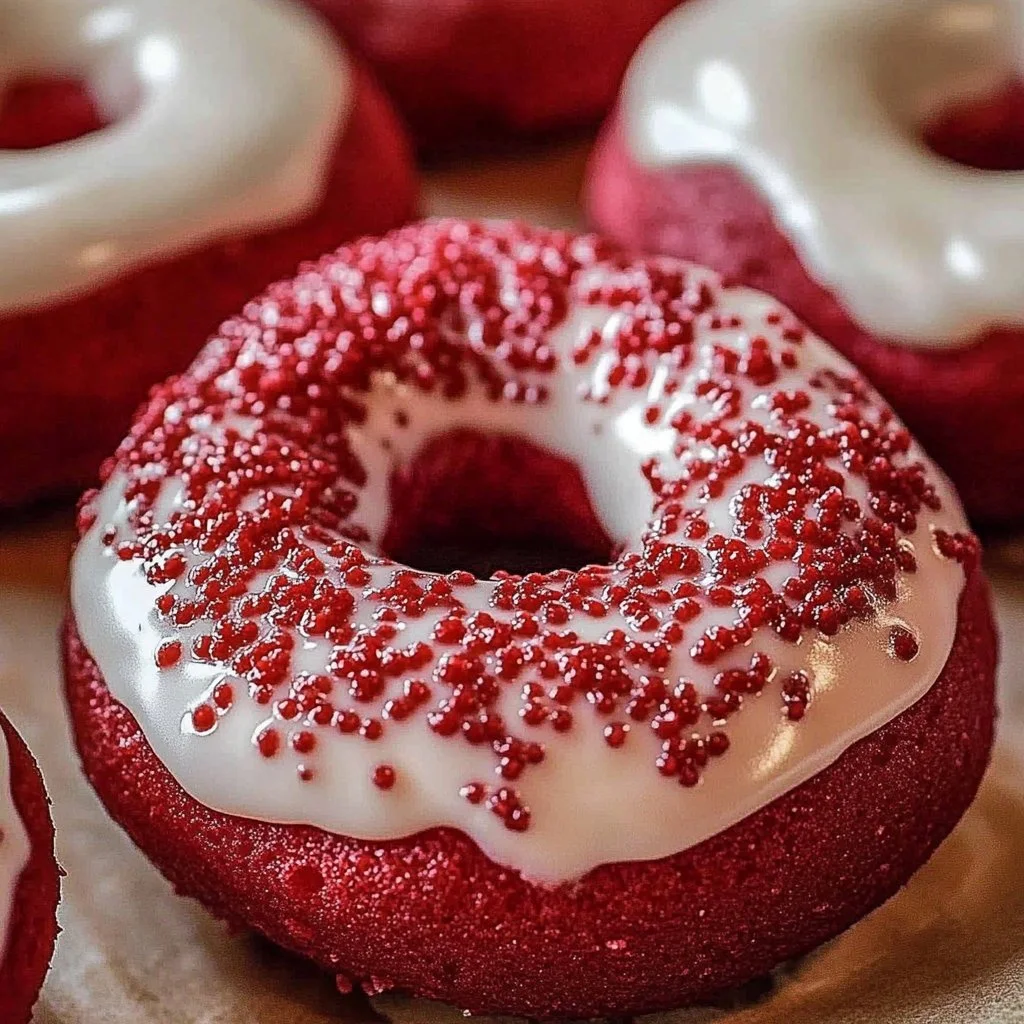 Fluffy baked red velvet donuts with cream cheese glaze on a plate