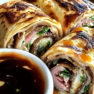 French Dip Tortilla Roll Ups served on a platter with dipping sauce.