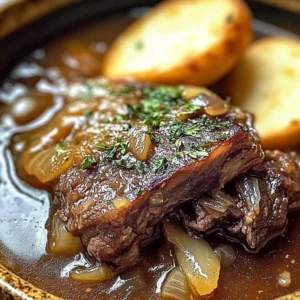Bowl of French Onion Beef Short Rib Soup garnished with herbs and cheese