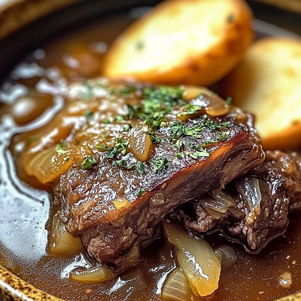 Bowl of French Onion Beef Short Rib Soup garnished with herbs and cheese