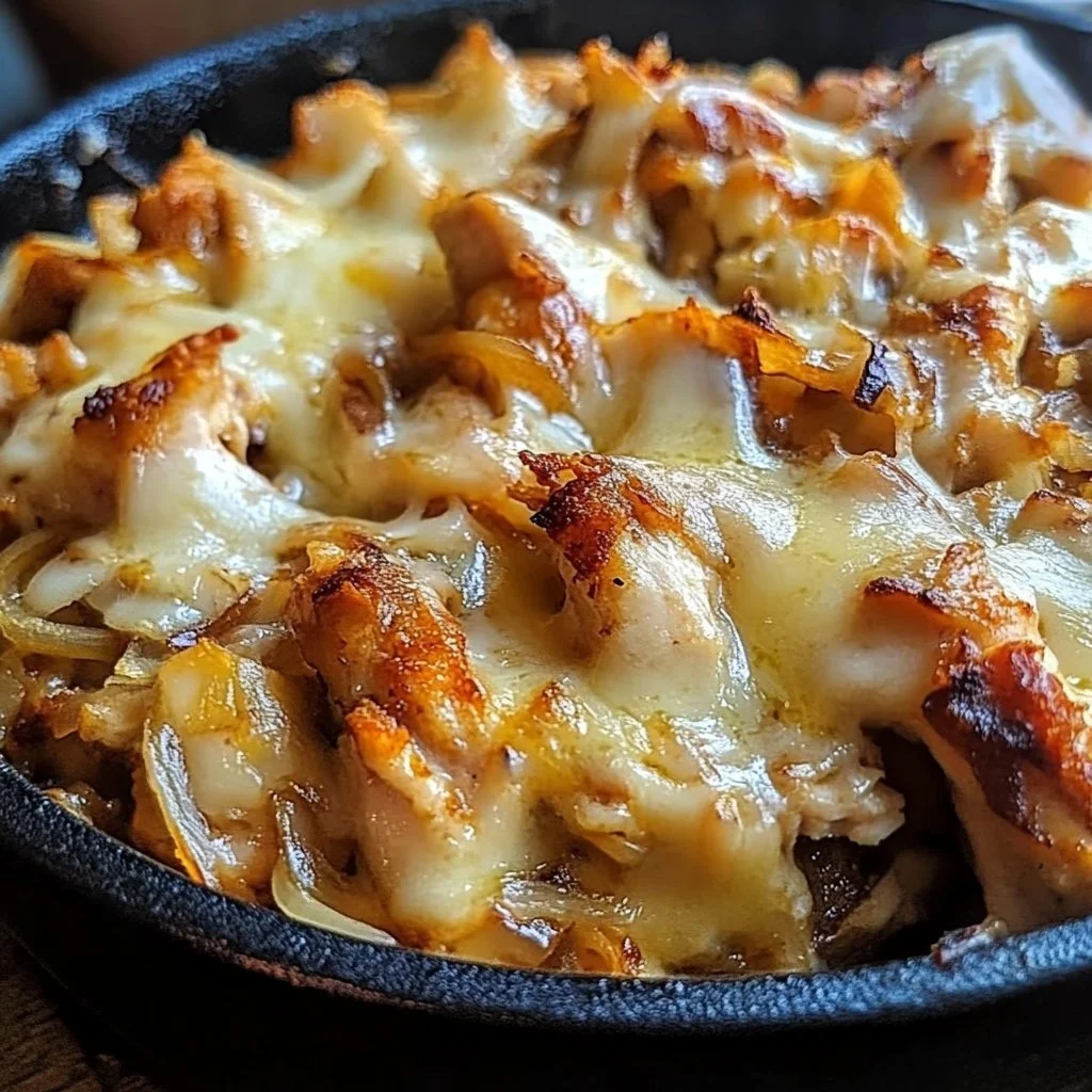 Delicious French Onion Chicken Bowls topped with melted cheese and herbs