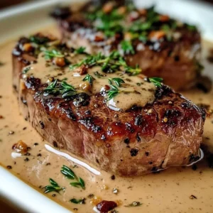 French seared steak garnished with cognac cream sauce served on a plate