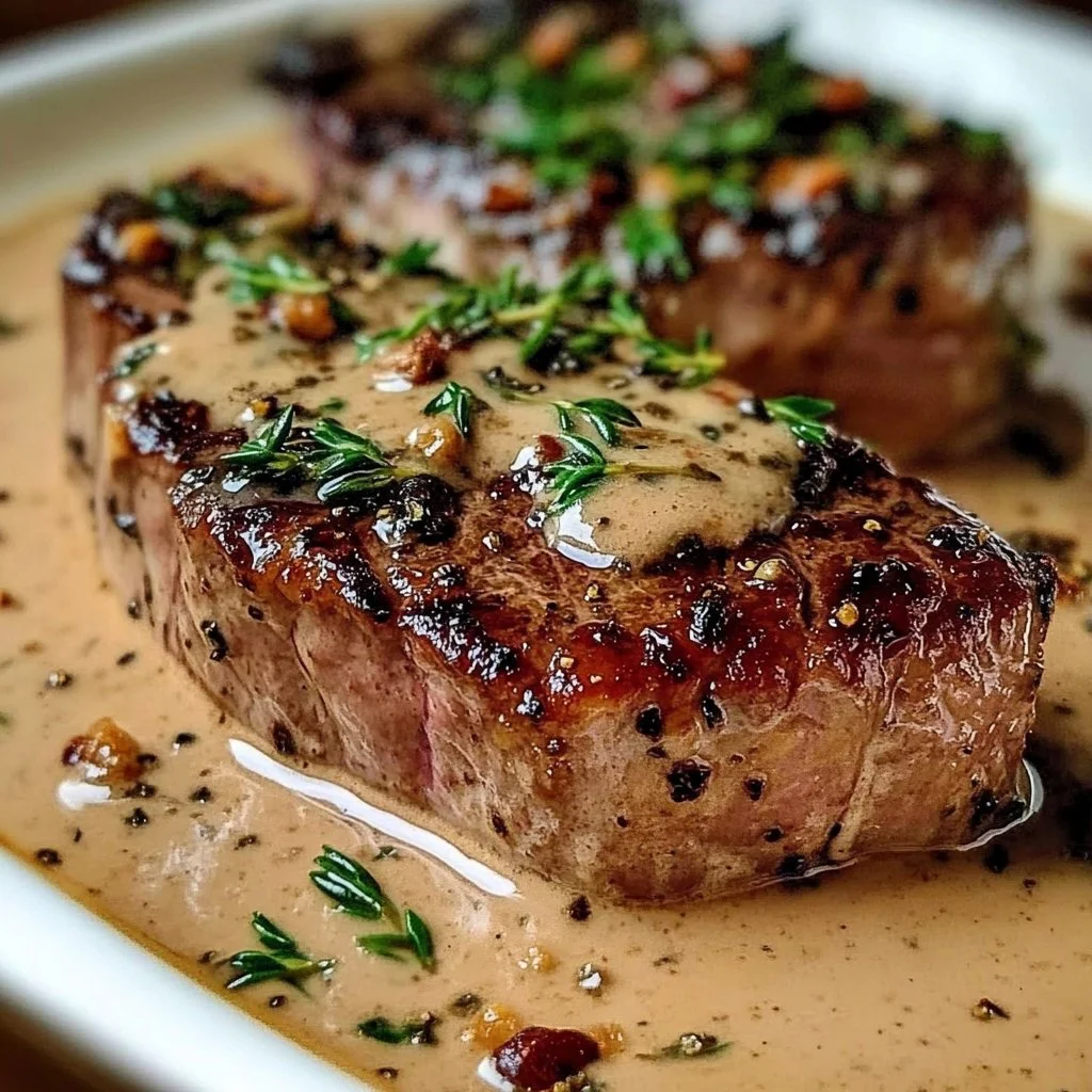 French seared steak garnished with cognac cream sauce served on a plate