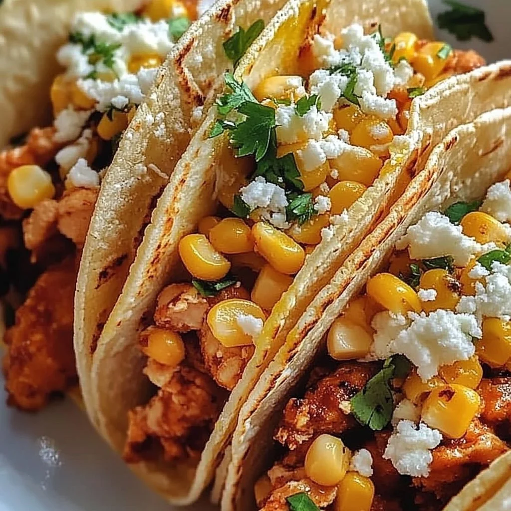 Delicious fried chicken street corn tacos ready to enjoy.