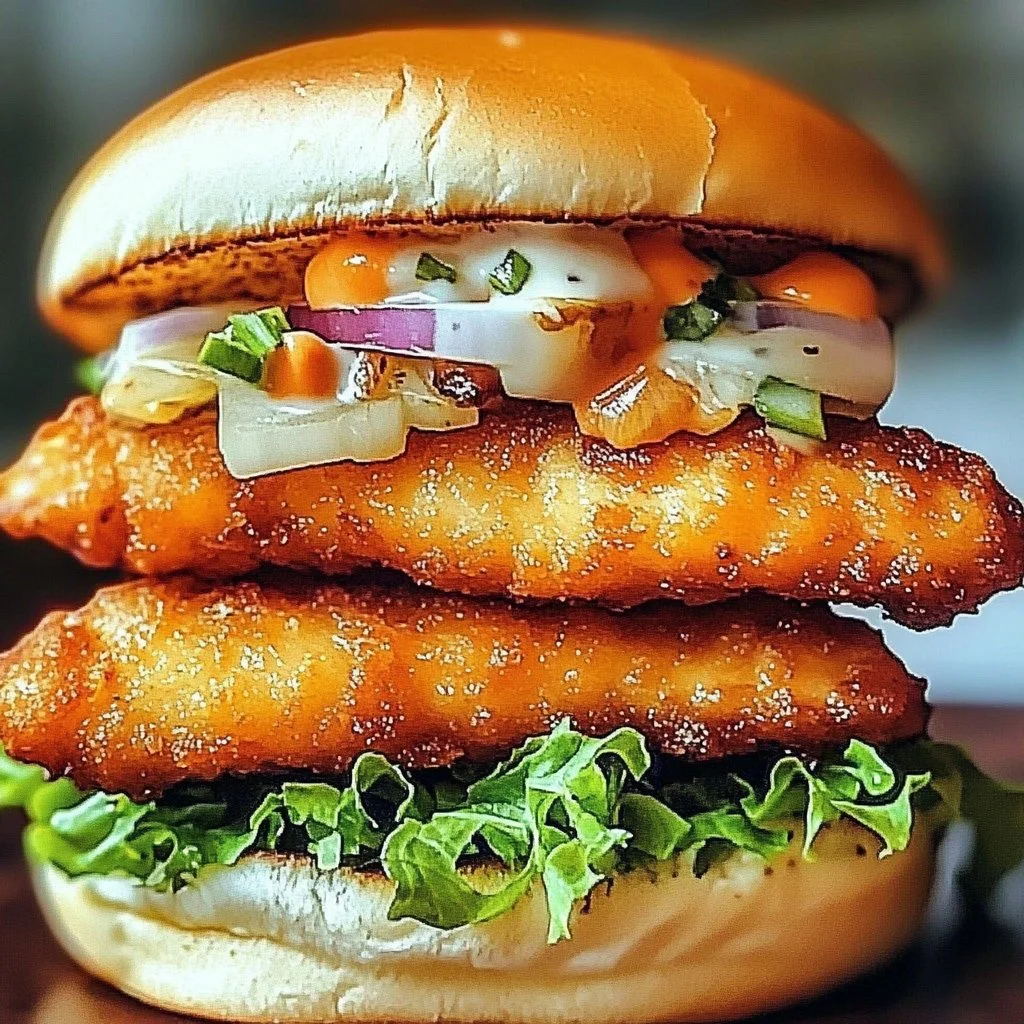 Delicious Fried Fish Burger topped with fresh ingredients
