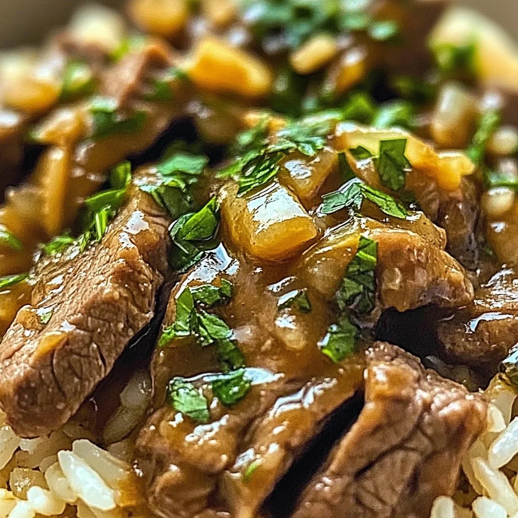 Delicious Garlic Butter Beef and Rice dish served on a plate.