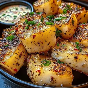 Garlic Pepper Fish cubes served with a tartar dip on a wooden platter