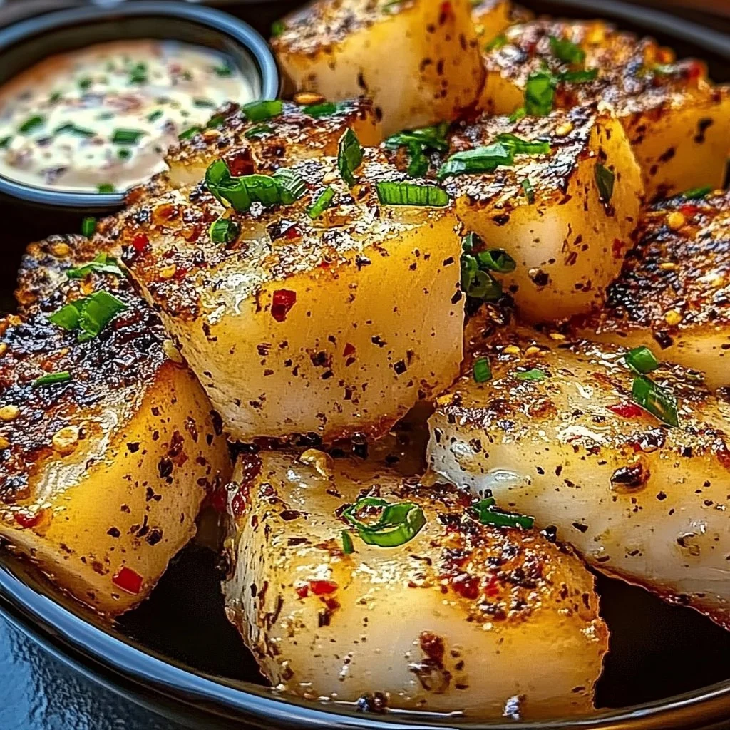 Garlic Pepper Fish cubes served with a tartar dip on a wooden platter