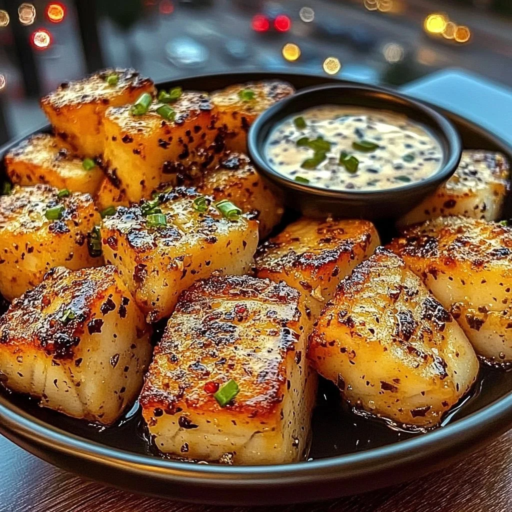 Garlic Pepper Fish Cubes with Cool Tartar Dip