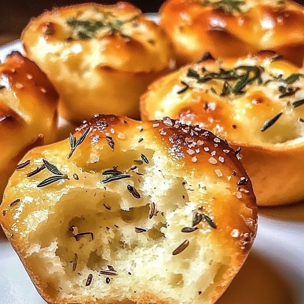 Freshly baked garlic rosemary focaccia muffins on a wooden table