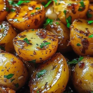 Delicious garlic sauce baby potatoes served in a bowl, garnished with herbs.