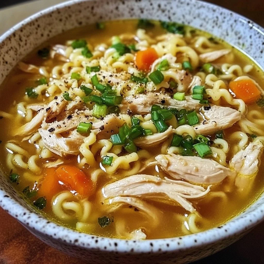 Bowl of ginger garlic chicken noodle soup garnished with green onions and herbs.