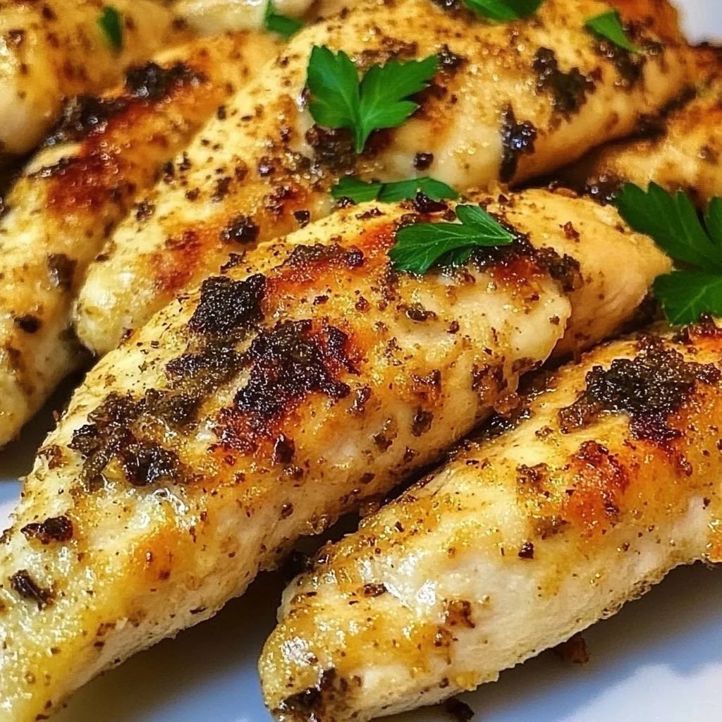 Plate of Greek Chicken Tenders garnished with herbs and lemon.
