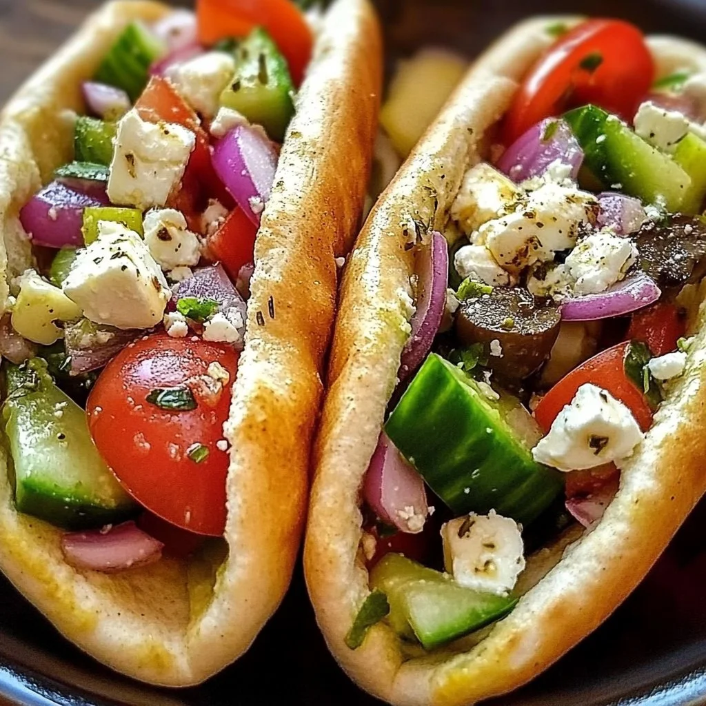 Greek salad pita pockets filled with fresh vegetables and feta cheese
