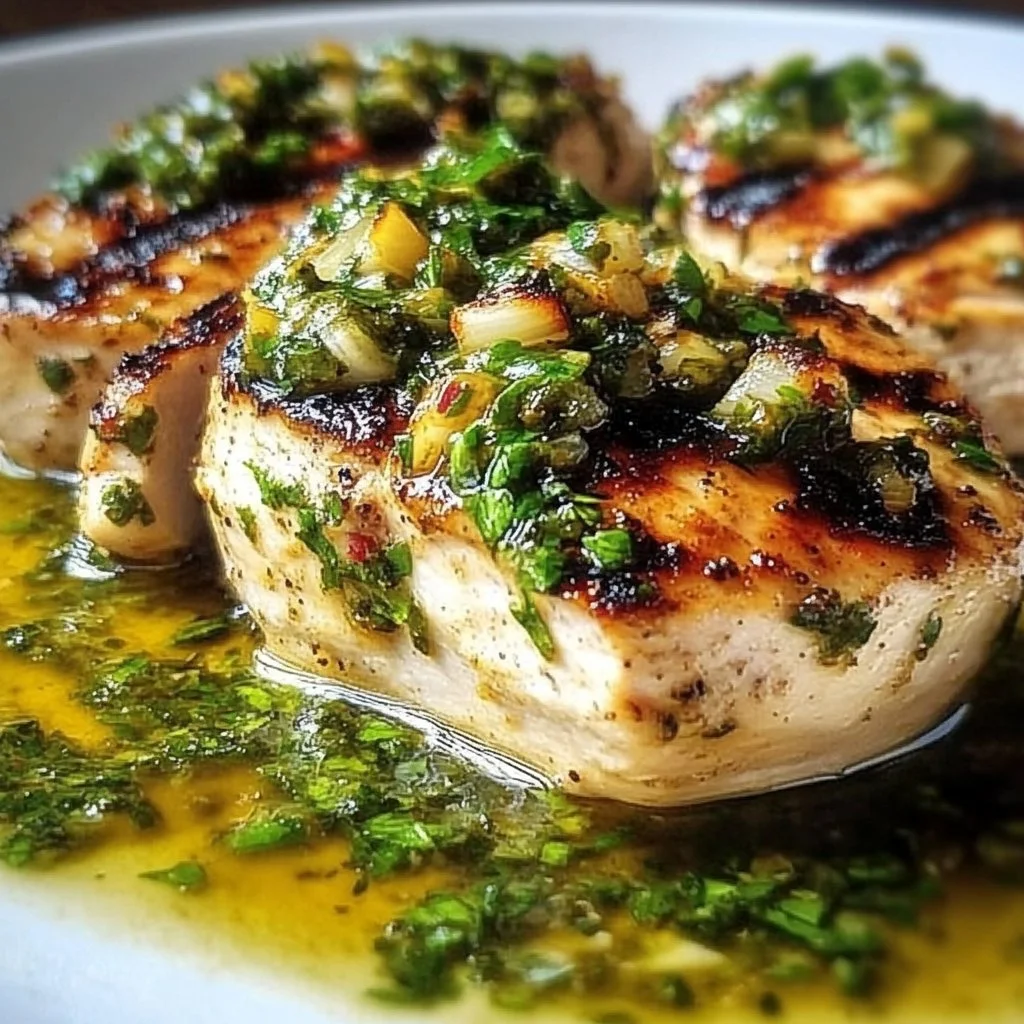 Grilled salsa verde chicken garnished with fresh herbs and lime on a plate.