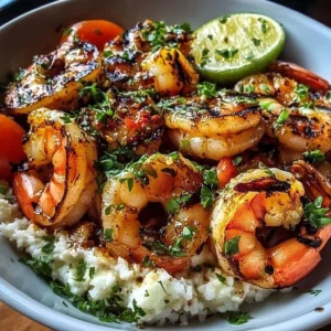 Grilled shrimp bowl topped with creamy garlic sauce and fresh herbs