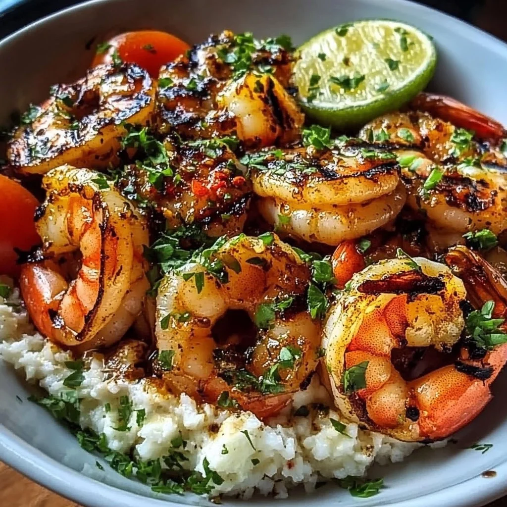 Grilled shrimp bowl topped with creamy garlic sauce and fresh herbs