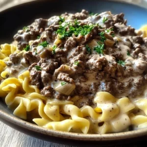 Delicious Ground Beef Stroganoff served in a bowl with fresh herbs