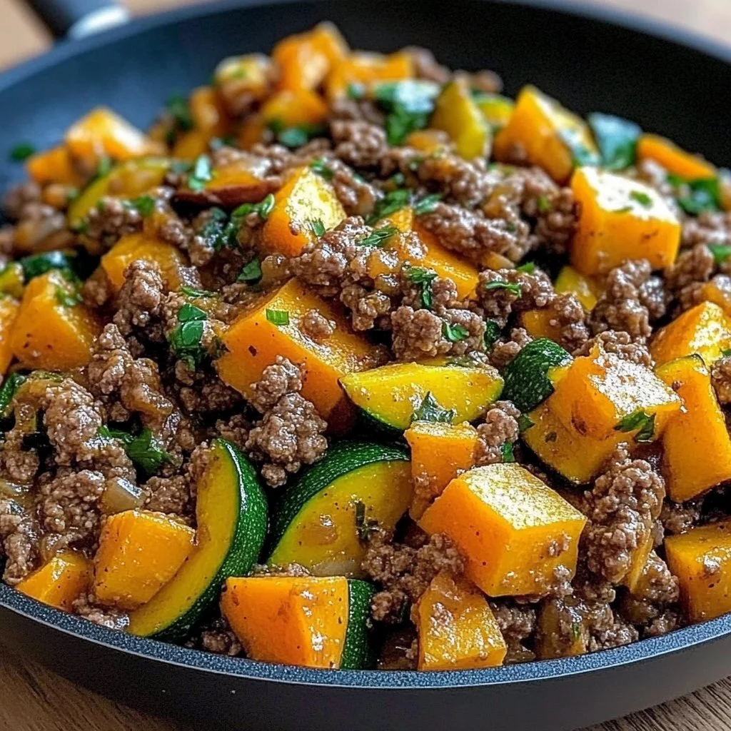 Ground beef zucchini sweet potato skillet in a pan garnished ready to serve