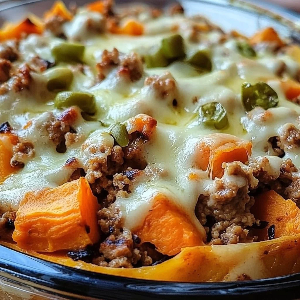 A delicious Ground Turkey Sweet Potato Bake topped with herbs and spices