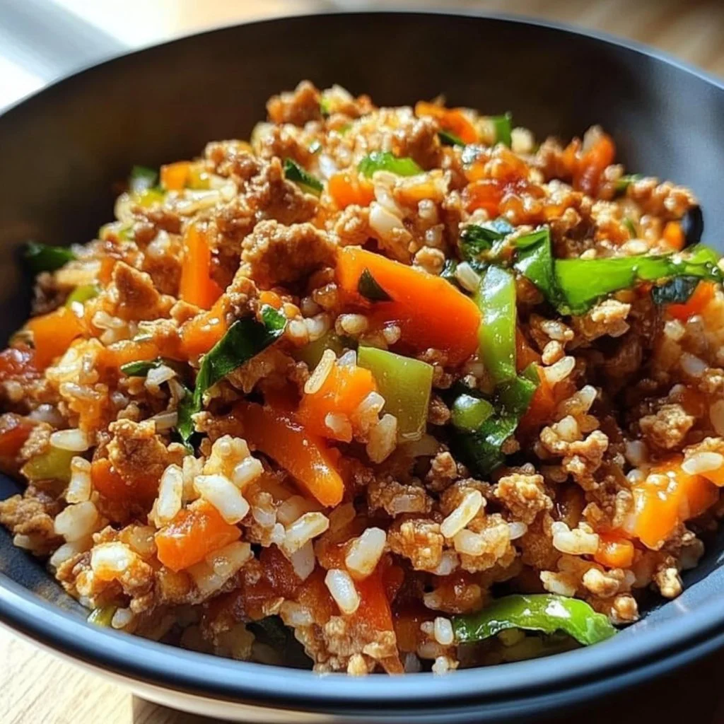 Delicious ground turkey teriyaki rice bowl served in a vibrant dish