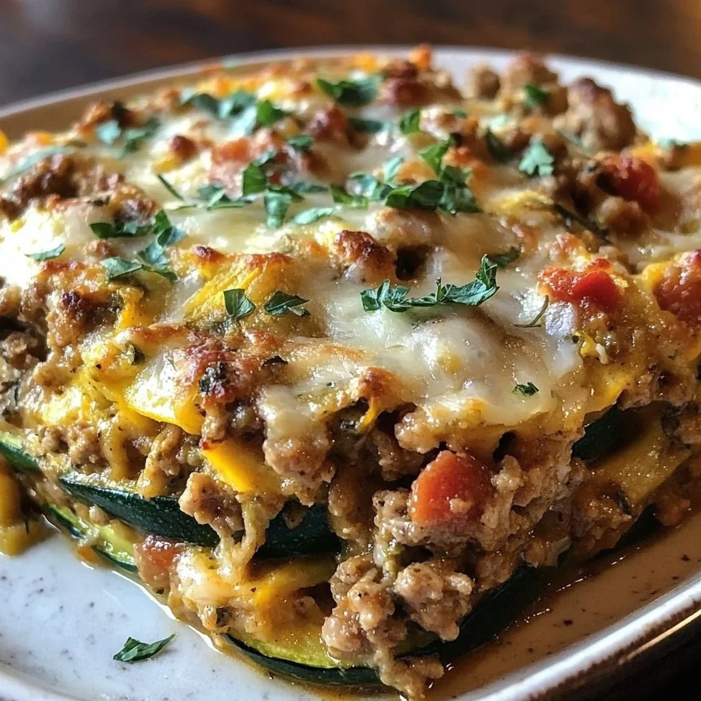 Delicious Ground Turkey Zucchini Casserole topped with cheese and herbs