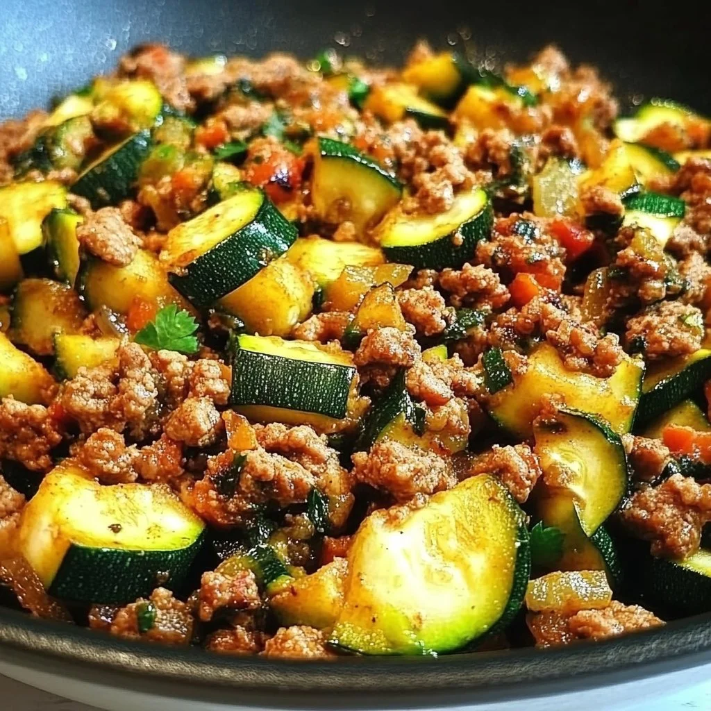Ground Turkey Zucchini Skillet dish prepared in a skillet, ready to serve.
